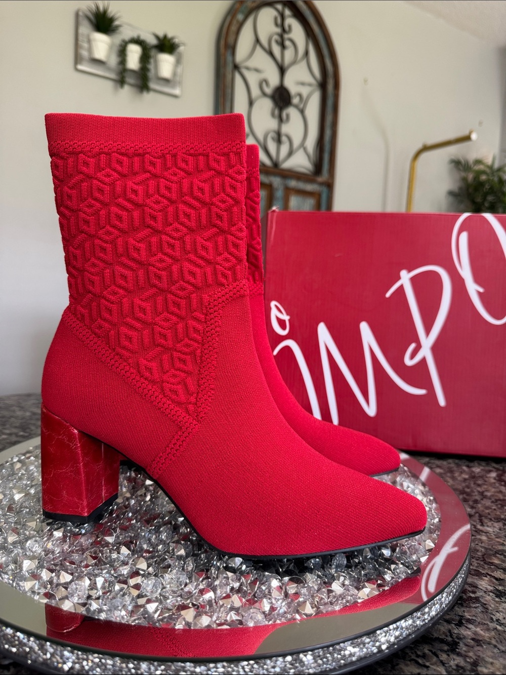 Impo Vartly Bright Red Geometric Knit Block-Heel Sock Ankle Boots NEW 8
